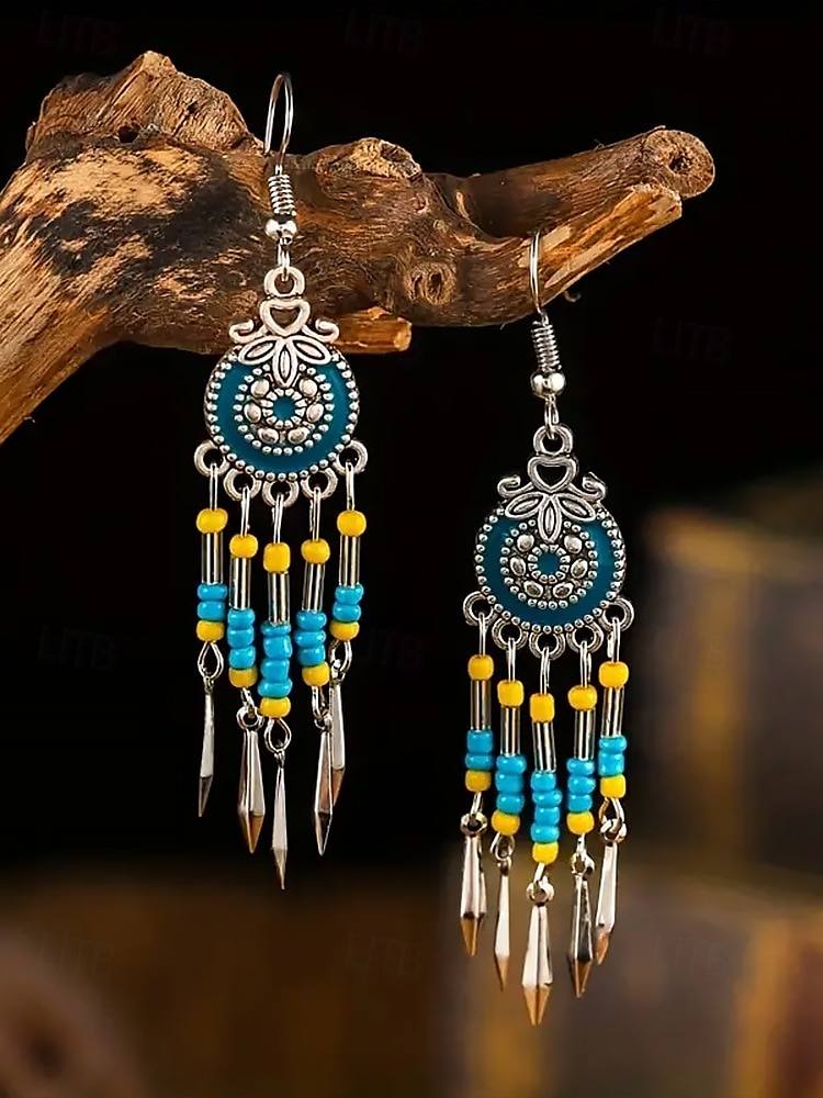 · Visací náušnice v bohémském stylu pro ženy - barevné červené a modré, tribal chic, ideální na léto, festivaly a ležérní outfity 2025 - $7.99 –P5