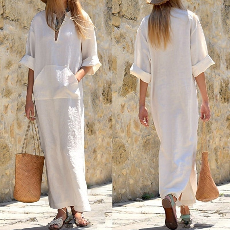 Women's Long Dress Maxi Dress Cotton Linen Dress Classic Daily Holiday Going out Regular Fit Plain Long Sleeve V Neck Black White Wine Dark Gray Summer 2025 - $32.99 –P2