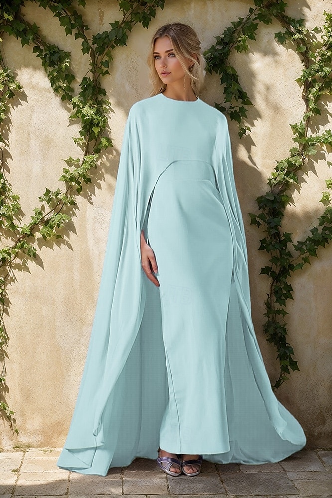 Cape Kleid Sheath  Column Abendkleid Elegantes Kleid Formale Hochzeit Bodenlang Ärmellos Rundhalsausschnitt Chiffon 2025 - $148.99 –P4