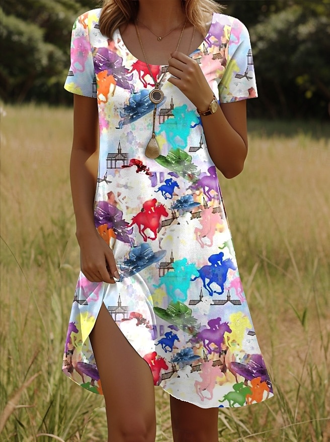 Robe Mini Femme Kentucky Derby Robe A Ligne Robe T-shirt Robe Tee Robe d'Été Décontractée Quotidien Coupe Régulière Graphique Animal Manches Courtes Col Ronde Blanc Été Printemps de 2025 ? $22.99 –P4