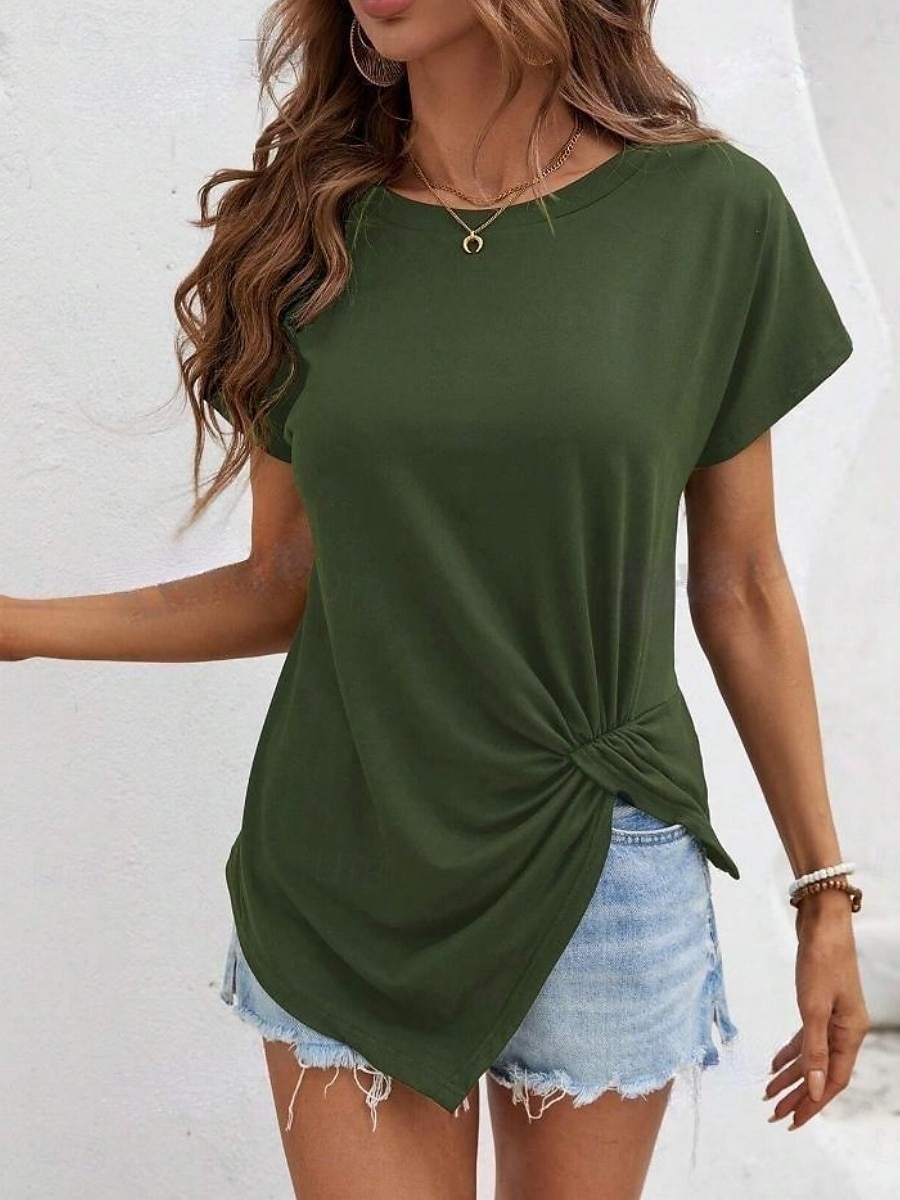 T-shirt femme de couleur unie Uni Mode Classique Décontracté Manches courtes Col rond Hauts réguliers Quotidien Week-end Asymétrique Noir Blanc Vert armée Bleu marine Été de 2025 ? $14.99 –P4