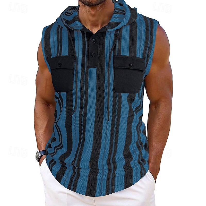 Herr Linne Undertröjor Ärmlös tröja Ärmlös Huva Sommar Randig Mode Designer Grundläggande Ficka Semester Gata Utekväll Svart Blå Mörkblå Topp t-shirt för män 2025 - $30.99 –P10