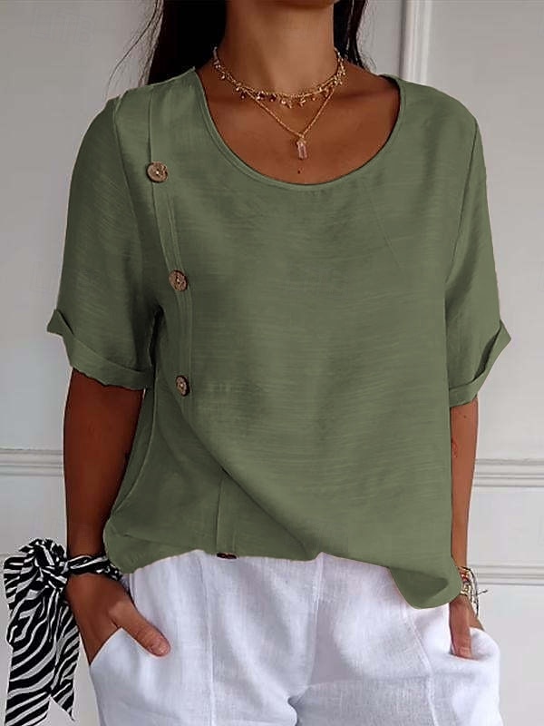 Femmes Chemises en coton et lin Uni Basique Manche Courte Col ras du cou Hauts Réguliers Quotidien Boutons Noir Blanche Vert Véronèse bleu marine Bleu Ciel Été de 2025 ? $16.99 –P2