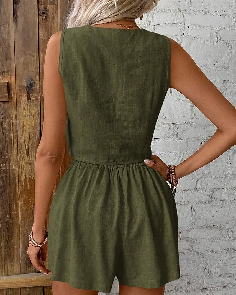 Women's Active Blouse Vest Shorts Sets Sleeveless V Neck Solid Color Dubbele Rij Knopen Holiday Casual Daily Black Wine Army Green Summer Regular Fit 2025 - $26.99 –P3
