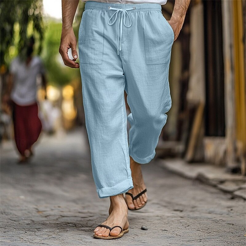 Men's Linen Pants Trousers Summer Pants Beach Pants Pocket Drawstring Elastic Waist Plain Comfort Breathable Vacation Daily Holiday Hawaiian Boho Dark Brown Lake blue 2025 - $18.99 –P7