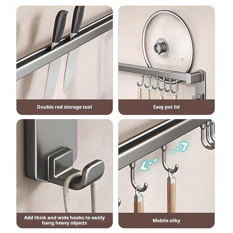 Supporto portaoggetti multifunzionale per cucina con ventosa, ABS, alluminio, asta appendiabiti con gancio &portacoltelli a parete, portapale, portacoperchi, soluzione unica per riporre utensili da del 2025 a $13.99 –P5