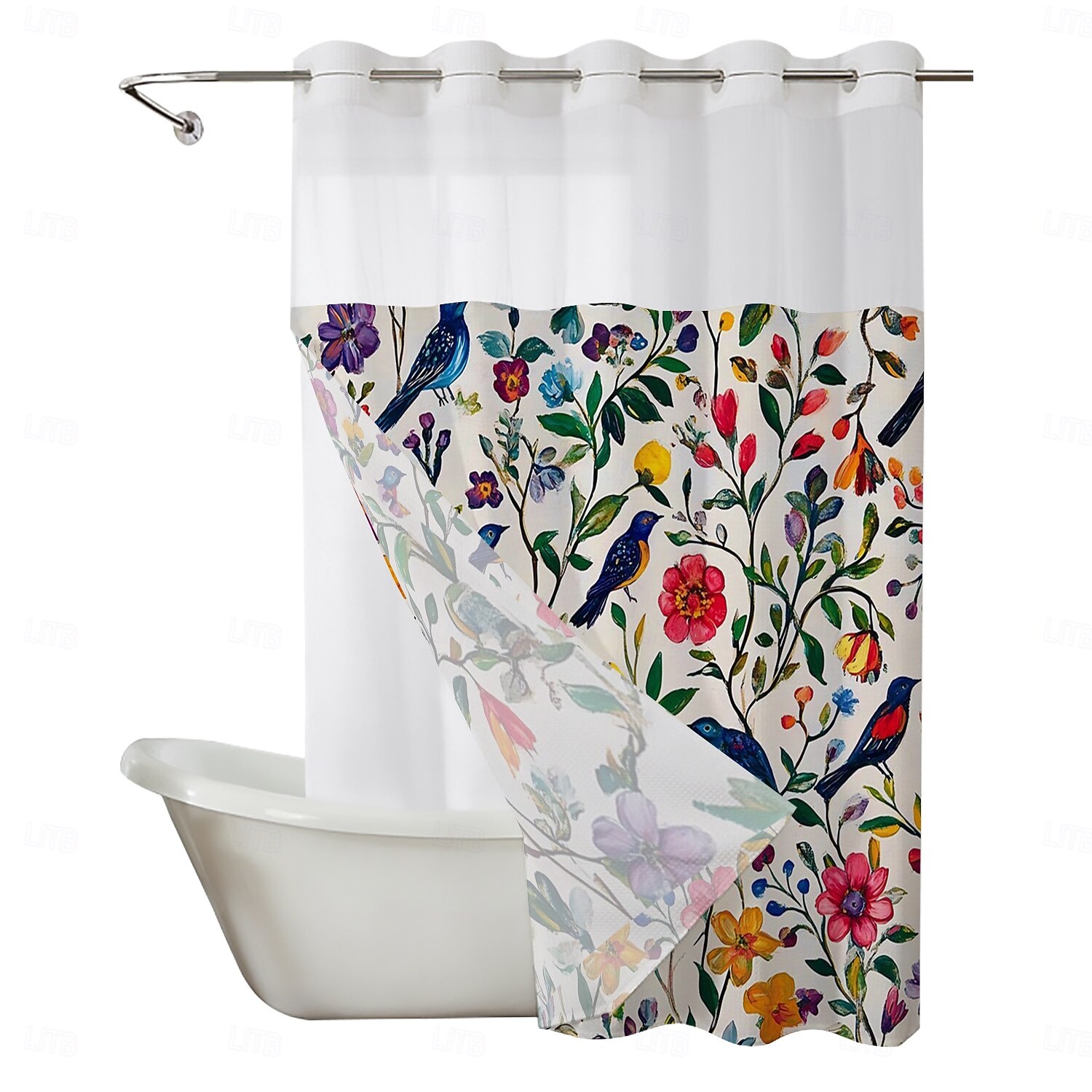 Κουρτίνα Ντους Χωρίς Γάντζους 180cm*180cm(70"*70") με Ενσωματωμένο Κέλυφος Πολυεστέρα Διαφανές Παράθυρο Αδιάβροχη Διπλή Κουρτίνα Μπάνιου με Λουλούδια και Πουλιά 2025 - $41.99 –P6