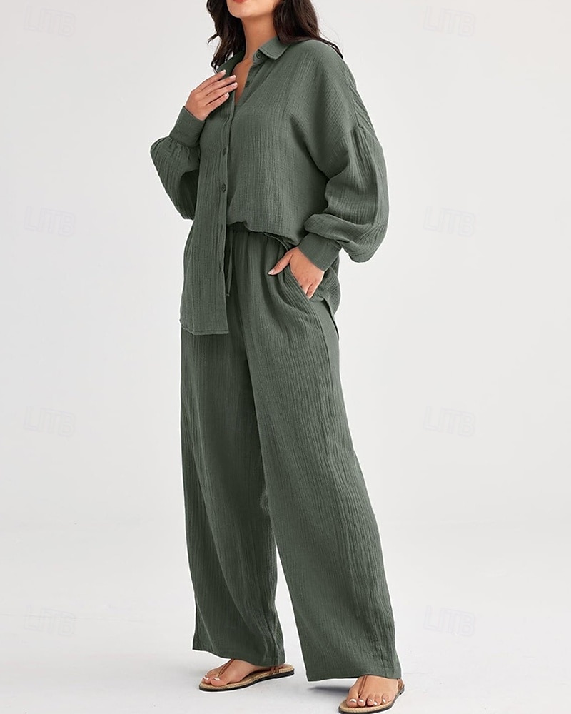 Dam Mode Streetwear Skjorta Tvådelade set Byxuppsättningar Långärmad Tröjkrage Ensfärgat Snörning Dagliga kläder Datum Svart Vin Armégrön Vår Normal 2025 - $38.99 –P5