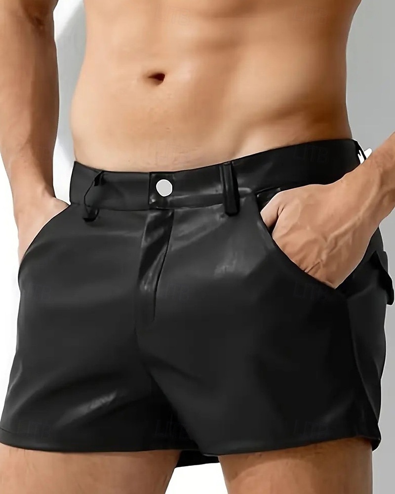 Men's Shorts Summer Shorts Casual Shorts Faux Leather Shorts Pocket Plain Comfort Breathable Short Outdoor Vacation Sport Casual Black Red 2025 - $23.99 –P3