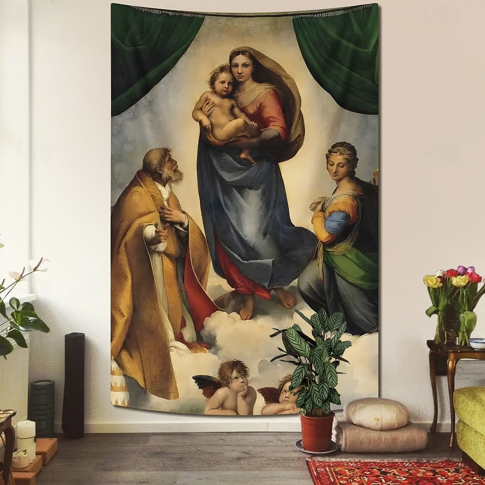 Słynny obraz powieszony na gobelinie Sztuka na ścianie Duży gobelin Murale dekoracyjne Tło fotografii Koc Zasłona Dekoracja do domu sypialni salonu Madonna Sybilińska 2026 - $19.99 –P1