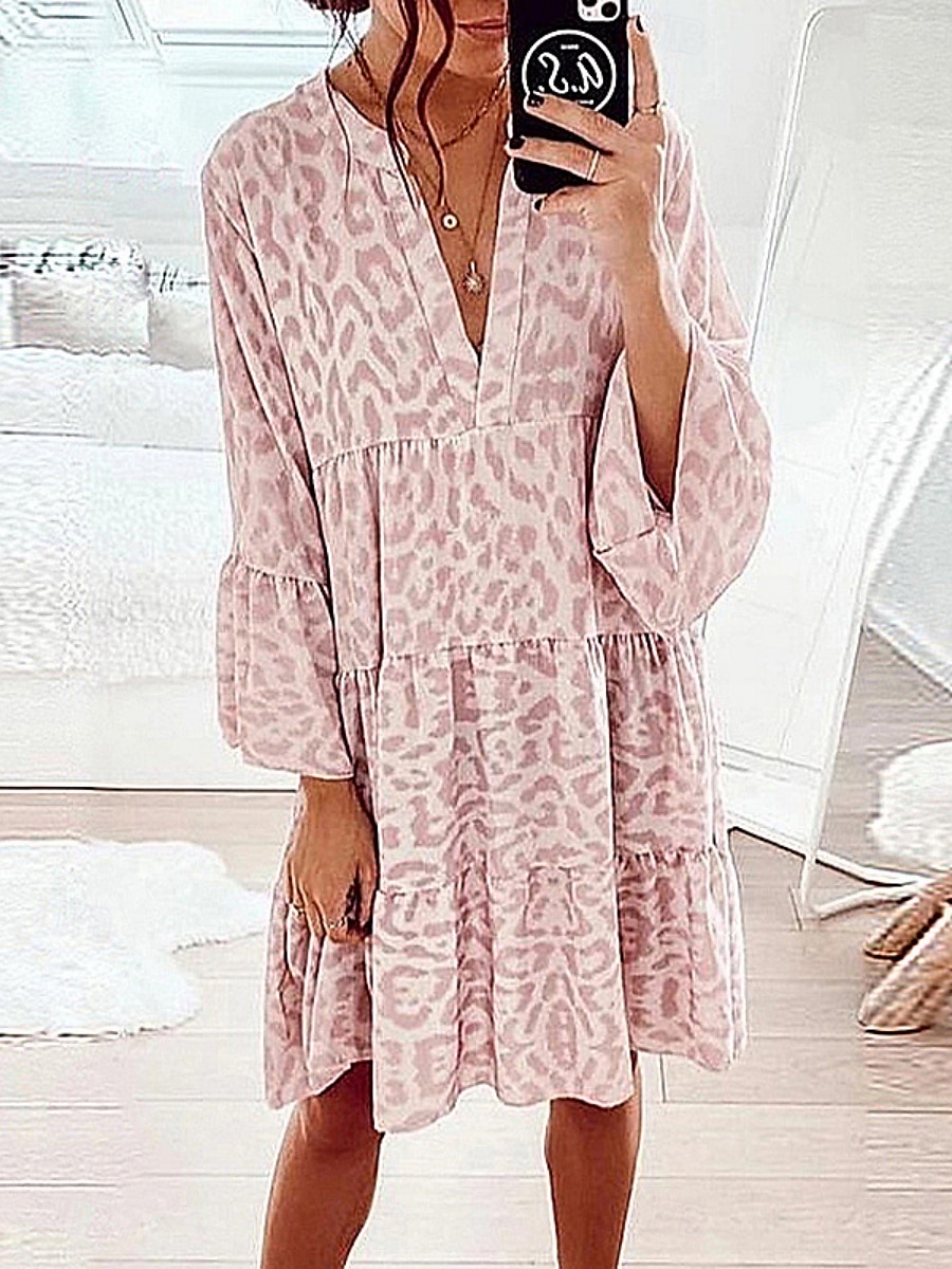 Dam Mini klänning Volangkjol Ledigt Utomhus Utekväll Lös passning Grafisk Leopard 3/4 ärm V-hals Svart Vit Rodnande Rosa Blå Sommar 2025 - $31.99 –P1