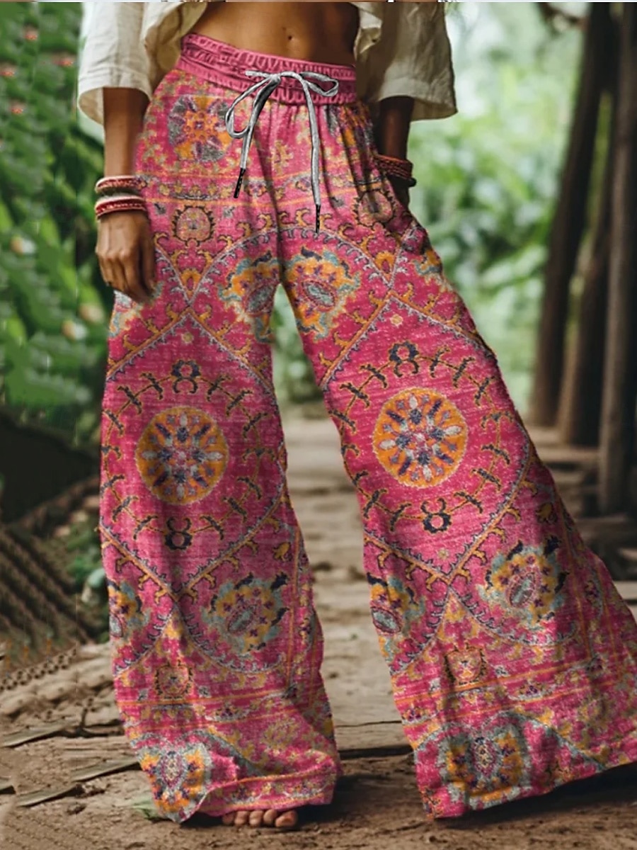 Women's Wide Leg Chinos Baggy Pants Vacation Vintage Ethnic Style Full Length High Waist Floral Graphic Printing Thermal Warm Breathable Soft Micro-elastic Vacation Street Causal Sky Blue And White 2025 - $24.99 –P3