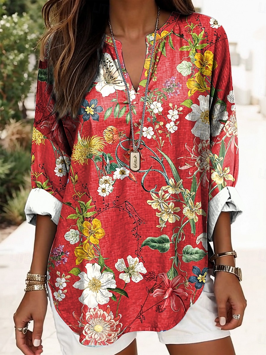 Kvinnors Boho Blus Blommig Grafisk Abstrakt Elegant Daglig Lång Ärmar V-Hals Regular Toppar Dagligt Tryck Röd Blå Lila Grön Sommer Vår 2025 - $24.99 –P2