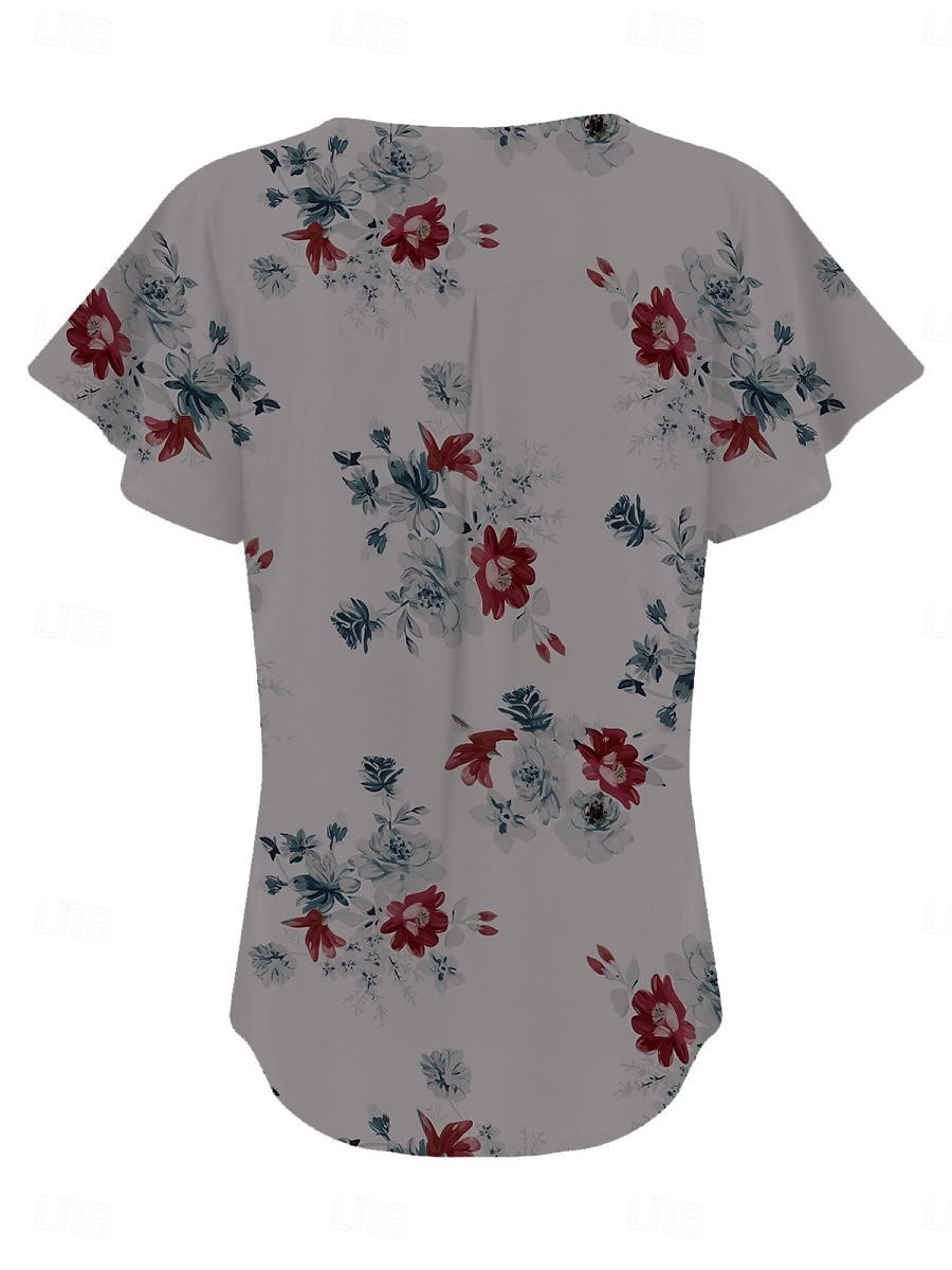 Blouses d'été pour femmes tops floraux stylés décontractés manches courtes col en V tops réguliers quotidien imprimé blanc bleu gris bleu clair été printemps de 2025 ? $15.99 –P11