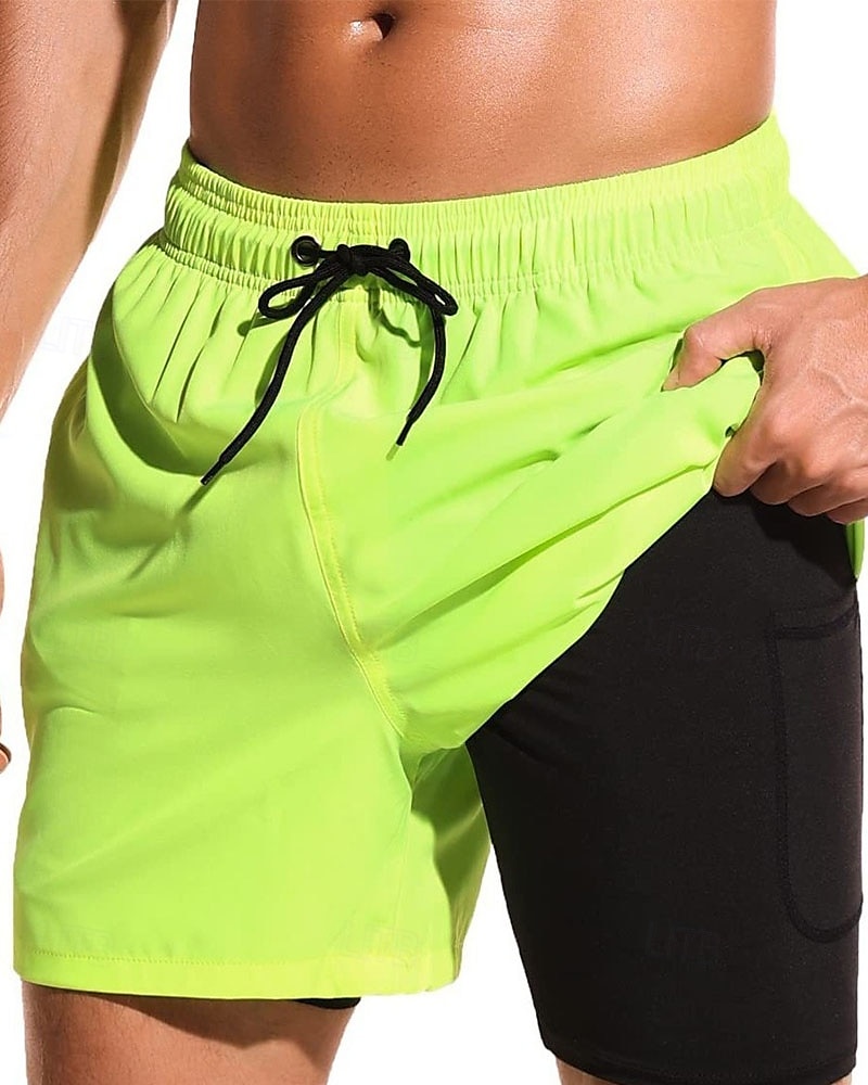 Men's Swim Trunks Swim Shorts Board Shorts Color Block Quick dry Breathable With Compression Liner with Towel Loop Vacation Beach Hawaiian Casual Black Yellow 2025 - $17.99 –P2