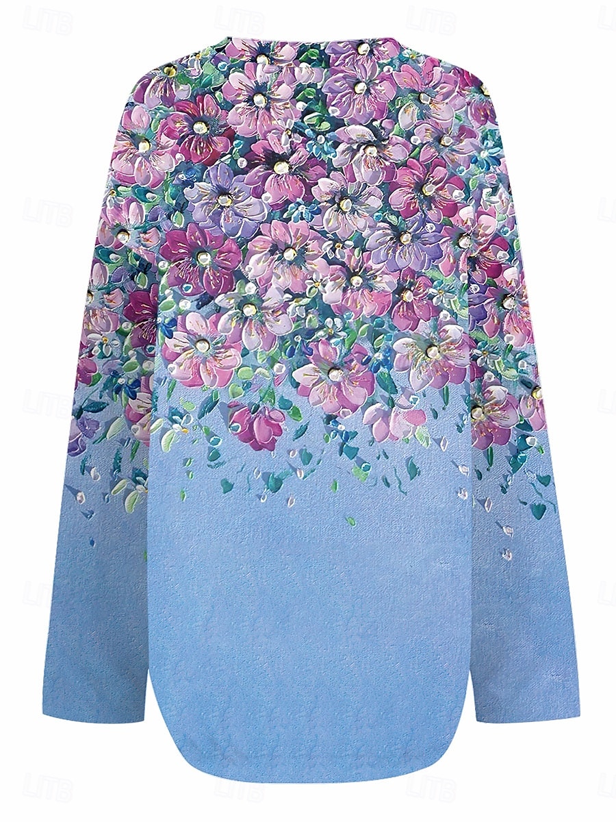 Blusa boho da donna floreale grafica elegante stilosa maniche lunghe collo a V top regolari quotidiani stampa blu viola verde estate primavera del 2025 a $24.99 –P4