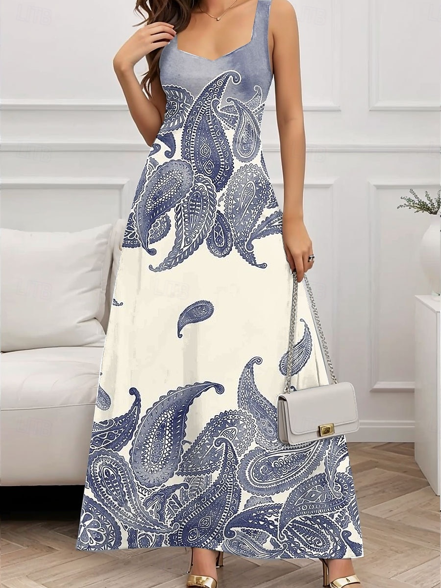 Damen Maxikleid A Linie Kleid Sommerkleid Schulterfreies Kleid Urlaub Lässig Party Date Normale Passform Blumen Grafik Ärmellos Quadrathals Weiß Blau Grün Dunkelblau Sommer Frühling 2025 - $26.99 –P5