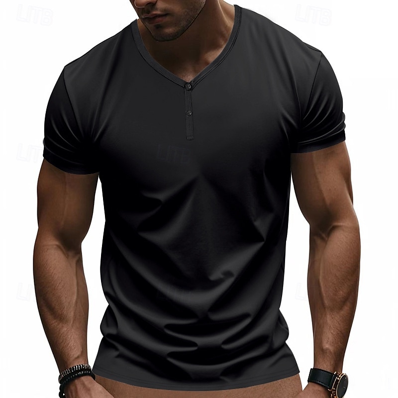 Men's T Shirt Henley Shirt Tee Short Sleeve Shirt Short Sleeve V Neck Summer Plain Fashion Designer Basic Plain Vacation Street Going out claret Black Royal Blue Top Tee for Men 2025 - $19.49 –P4
