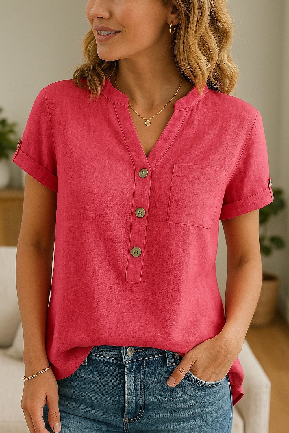 Dames Knoop omhoog Katoenen linnen overhemd Effen Stijlvol Modern Korte mouw V-hals Normale tops Dagelijks Feestdagen Knop Rood blauw Zomer 2025 - $25.99 –P1