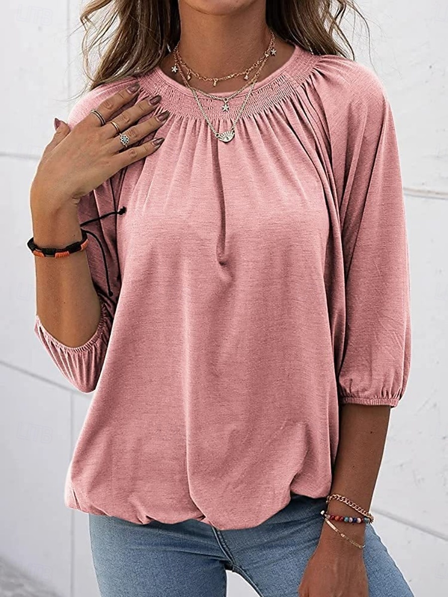 Femmes T-shirt Uni Mode Moderne Manche 3/4 Col ras du cou Hauts Réguliers Quotidien Noir Blanche Rose Claire Vin Vert Véronèse Été de 2025 ? $12.99 –P13