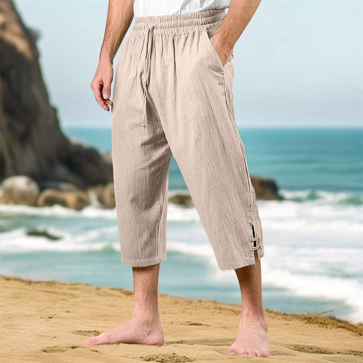 Homens Calças Capri Shorts de linho Shorts de verão Shorts de praia Bolso frontal Pregas Perna reta Tecido Conforto Respirável Comprimento da panturrilha Ao ar livre Férias Festa Férias Moda Ajuste de 2025 por $22.99 –P5