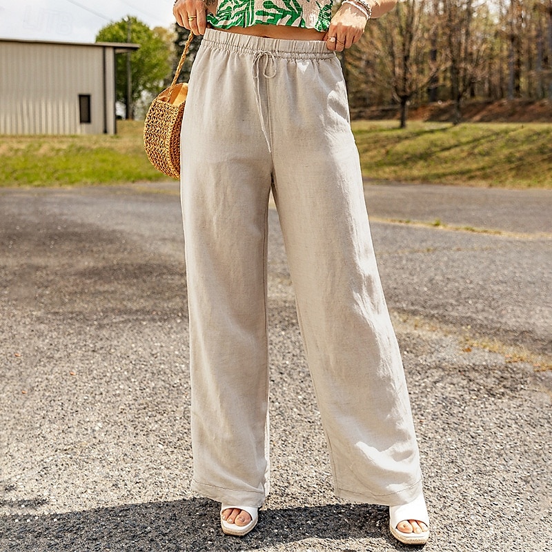 Mulheres Calças de linho de algodão Calças Roupa de rua Casual Comprimento total Natural Tecido Design de cordão elástico Confortável Exterior Roupa Diária Final de semana Preto Azul Marinho Escuro de 2025 por $25.99 –P12