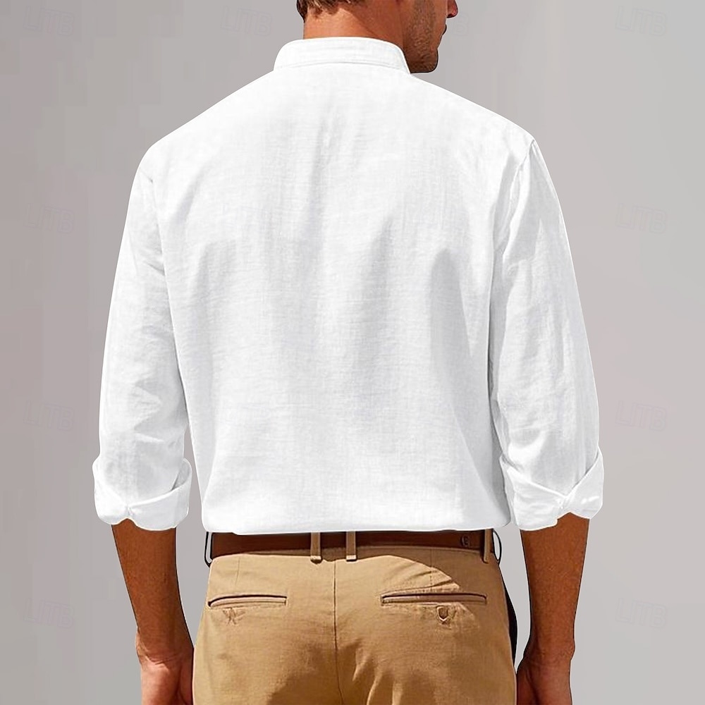 Herren Baumwoll-Leinen-Hemd Tiefer Ausschnitt Einfach Urlaub Strand Schwarz Weiß Khaki Dunkelgray Langarm Großvaterkragen Sommer Frühling Bekleidung Tasche 2025 - $25.99 –P5