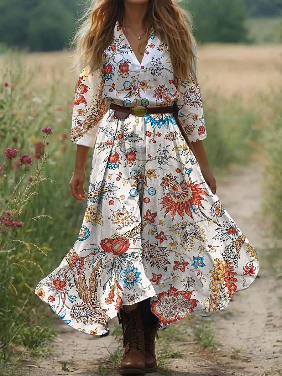 Per donna Abito Midi Abito a trapezio Vacanza Casual Boho All'aperto Uscire Spiaggia Vestibilità comoda Floreale Grafico Manica 3/4 Scollo a V Rosa Blu Arancione Verde Estate del 2025 a $35.99 –P2