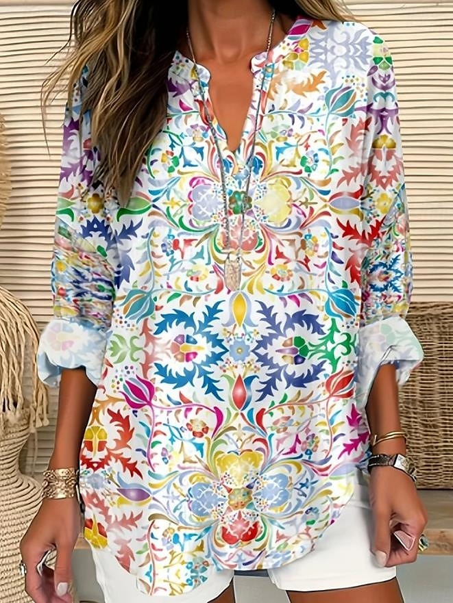 Dame Bluse Grafisk Geometrisk Elegant Daglig Langermet V-hals Vanlige topper Daglig Trykt mønster Svart Gul Rød Blå Gull Sommer Vår 2025 - $24.99 –P3