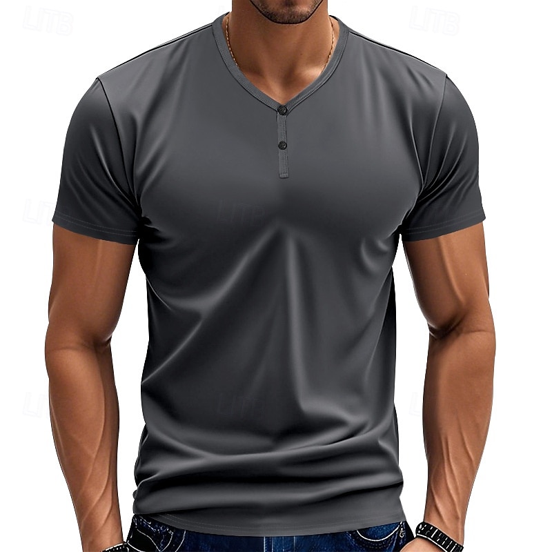 Men's T Shirt Henley Shirt Tee Short Sleeve Shirt Short Sleeve V Neck Summer Plain Fashion Designer Basic Plain Vacation Street Going out claret Black Royal Blue Top Tee for Men 2025 - $19.49 –P11