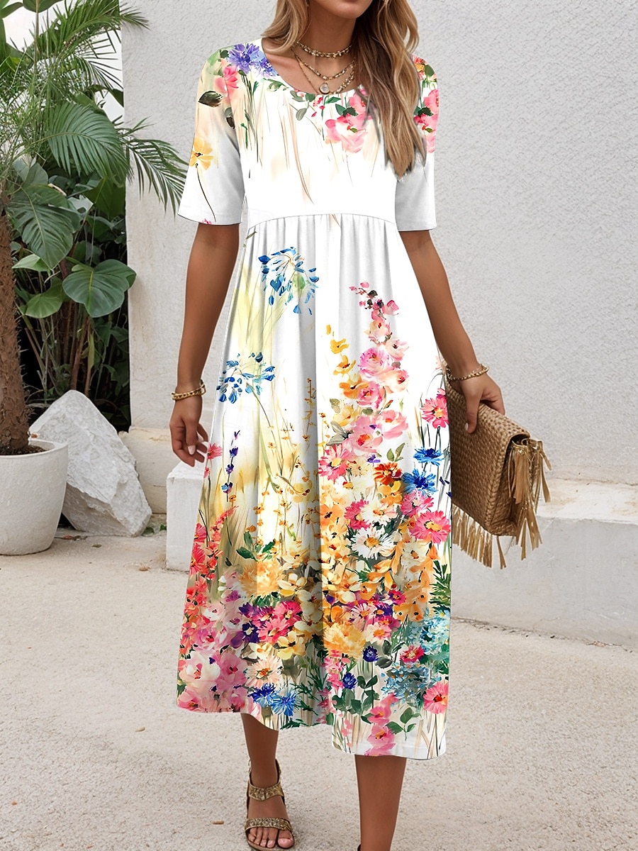 Women's Midi Dress Sundress Summer Dress Vacation Casual Beach Daily Holiday Regular Fit Floral Graphic Half Sleeve Crew Neck White Summer 2025 - $31.99 –P1