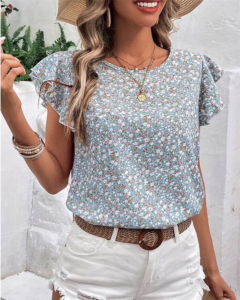 Damen T Shirt Blumen Mode Modern Kurzarm Rundhalsausschnitt Normale Oberteile Täglich Ausgehen Rüsche Grün Sommer 2025 - $18.49 –P1