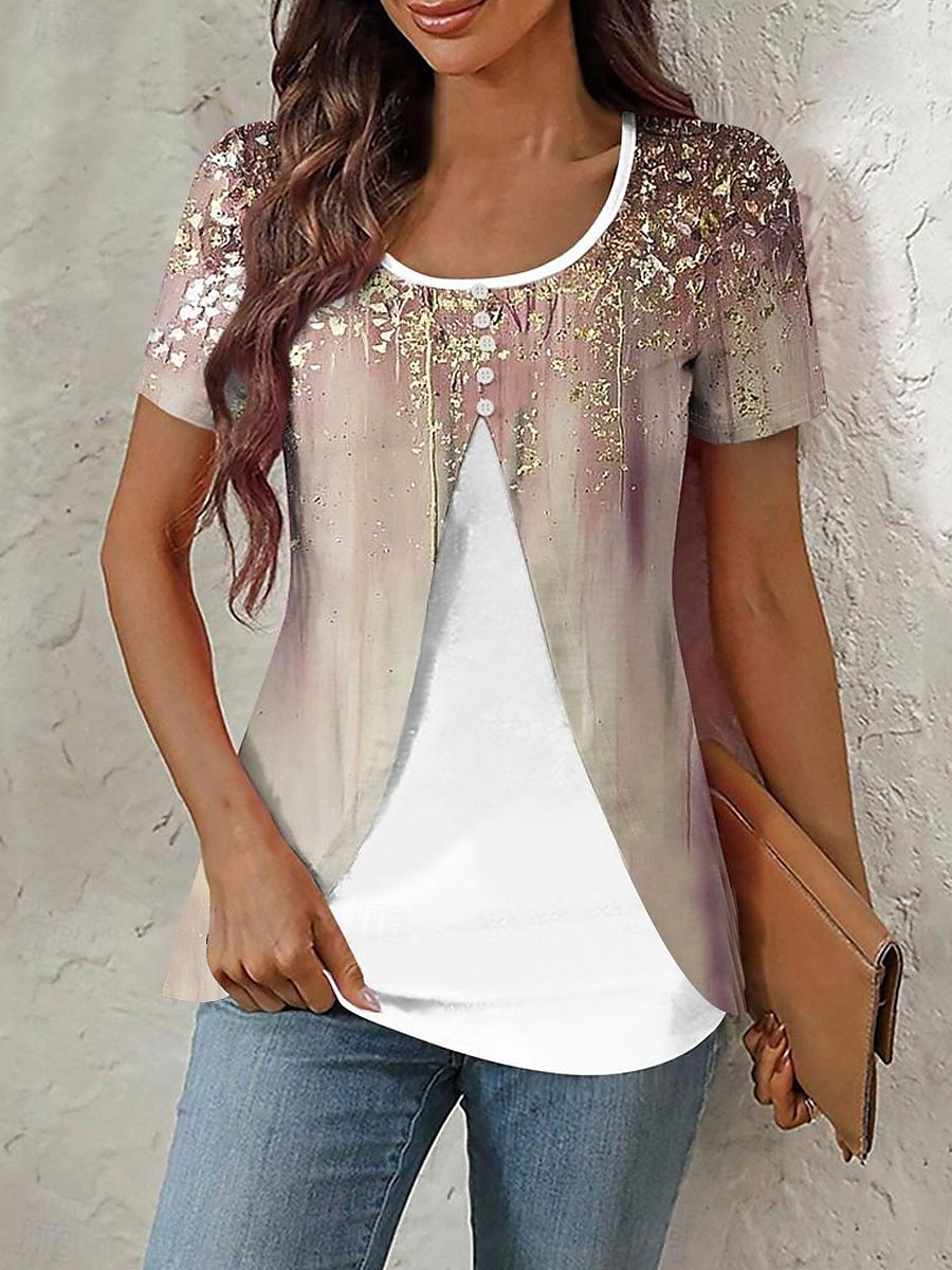 Damen T Shirt Ombre Grafik Marmor Elegant Stilvoll Kurzarm Rundhalsausschnitt Rundhals Normale Oberteile Täglich Ausgehen Patchwork Knöpfe Gestuft Rosa Blau Purpur Grün Sommer Frühling 2025 - $23.99 –P1