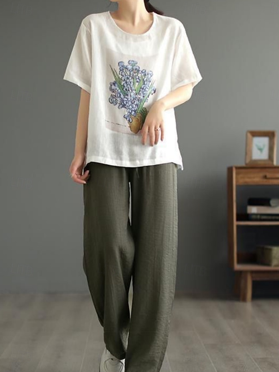 Dame Skjorte Blomstret Grafisk Grunnleggende Fritid Halvlange ermer Crew-hals Vanlige topper Daglig Trykt mønster Hvit Gul Beige Sommer 2025 - $14.99 –P13