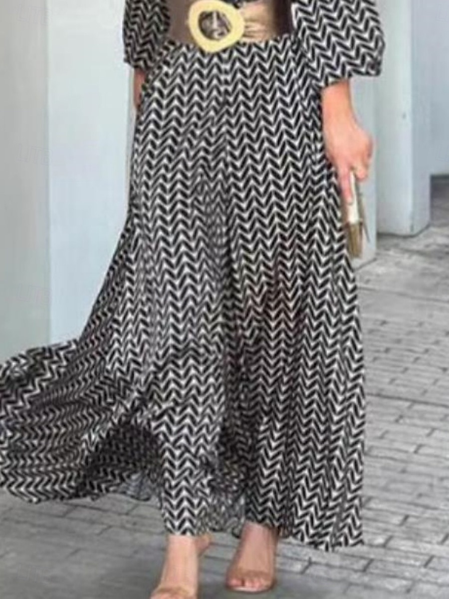 Damen Maxikleid Shiftkleid Figurbetontes Kleid Lässig Halbformelle Kleider Büro Normale Passform Grafik Geometrisch Langarm Hemdkragen Schwarz Sommer Frühling 2025 - $26.99 –P2