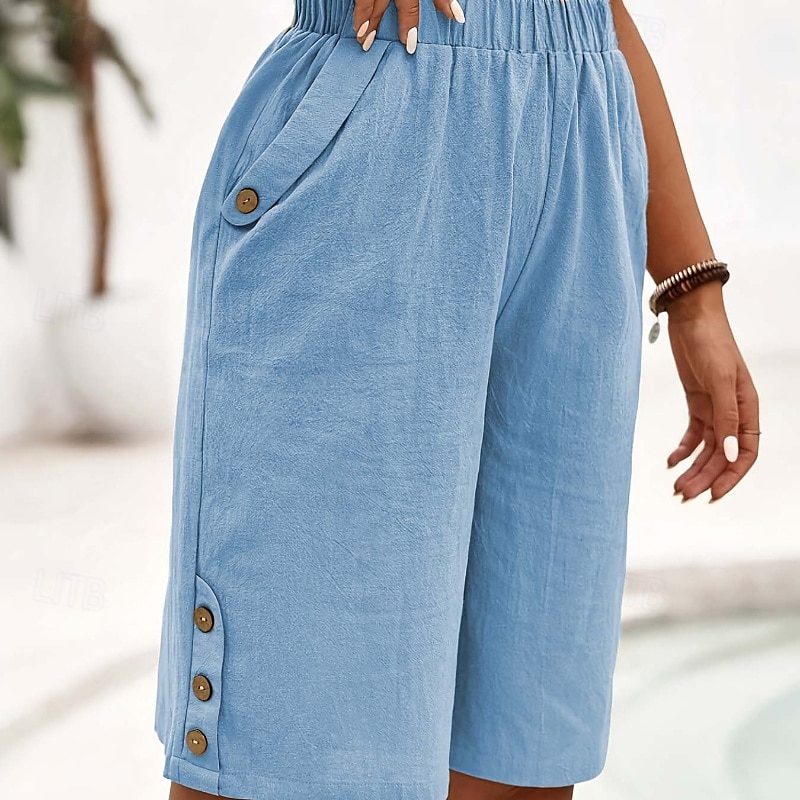 Women's Cotton Linen Shorts Shorts Crop Streetwear Casual Knee Length Natural Plain Pocket Elastic Waist Outdoor Comfortable Outdoor Going out Light Sky Blue Black White Dark navy Summer Regular Fit 2025 - $24.99 –P17