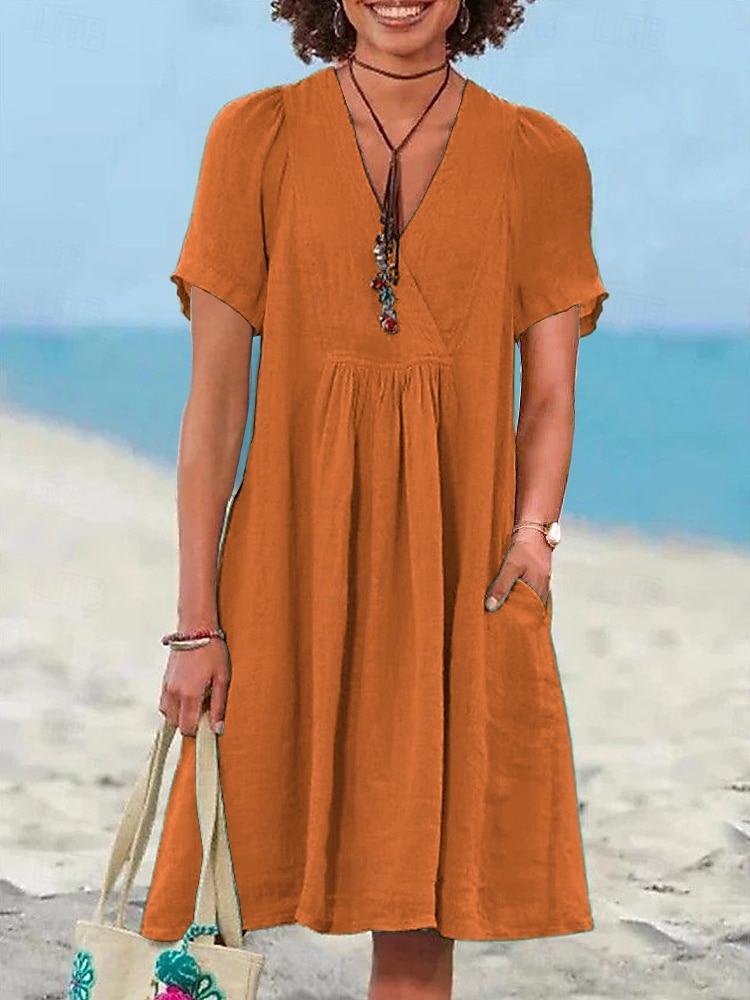 Per donna Mini Abito Abiti ispirati al lino Abito a trapezio Casual Spiaggia Quotidiano Vestibilità regolare Semplice Manica Corta Scollo a V Verde chiaro Blu reale Viola Arancione Estate del 2025 a $28.99 –P2