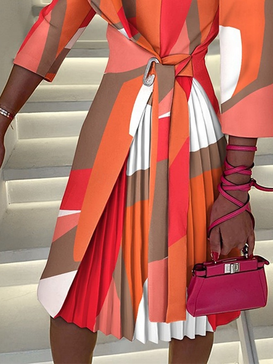 Women's Mini Dress Wrap Dress A Line Dress Casual Outdoor Going out Standard Fit Graphic Color Block 3/4 Length Sleeve Turndown Black Fuchsia Orange Green Summer Spring 2025 - $39.99 –P3