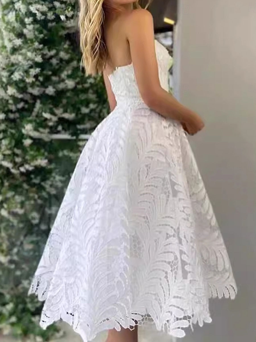 A-Line koktejl šaty Elegantní šaty pro svatební sprchu Bílé svatební šaty pro hosty Midi délka bez rukávů Sweetheart výstřih květinová krajka aplikace 2025 - $149.99 –P5