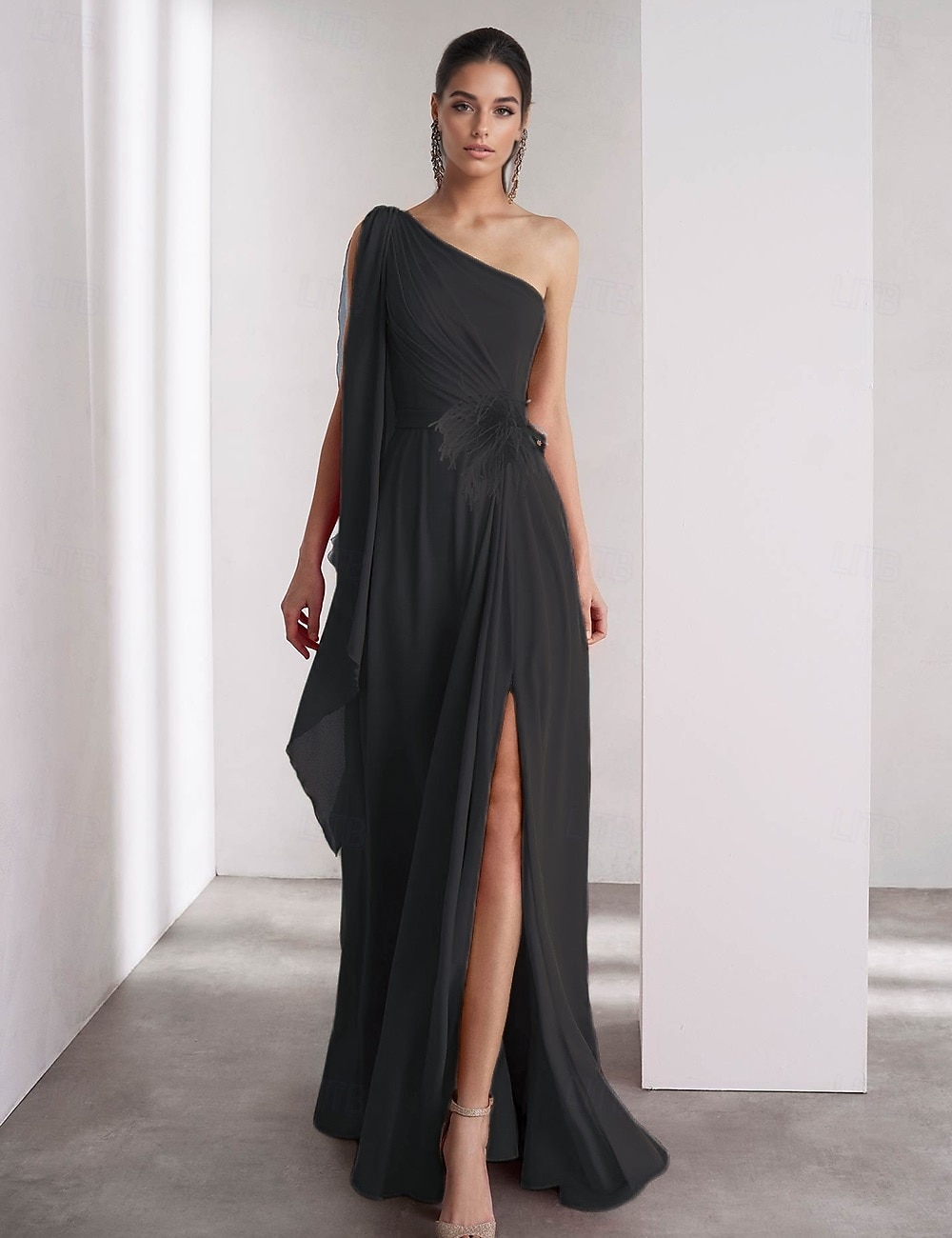 Jedno Ramo Modré Růžové A-Linie Chiffon Peří Večerní Šaty Elegantní Šaty Formální Dlouhé Bez Rukávů S Faldovým Šálem 2025 - $147.99 –P8