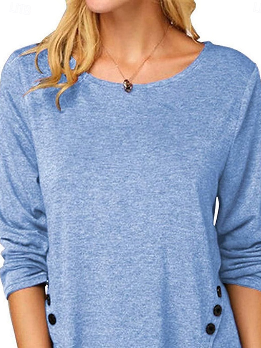 Mulheres Blusa Tecido à moda Casual Manga Longa Gola Redonda Tops regulares Diário Botões Branco Azul Céu Roxo Marron Verão Primavera de 2025 por $16.99 –P2