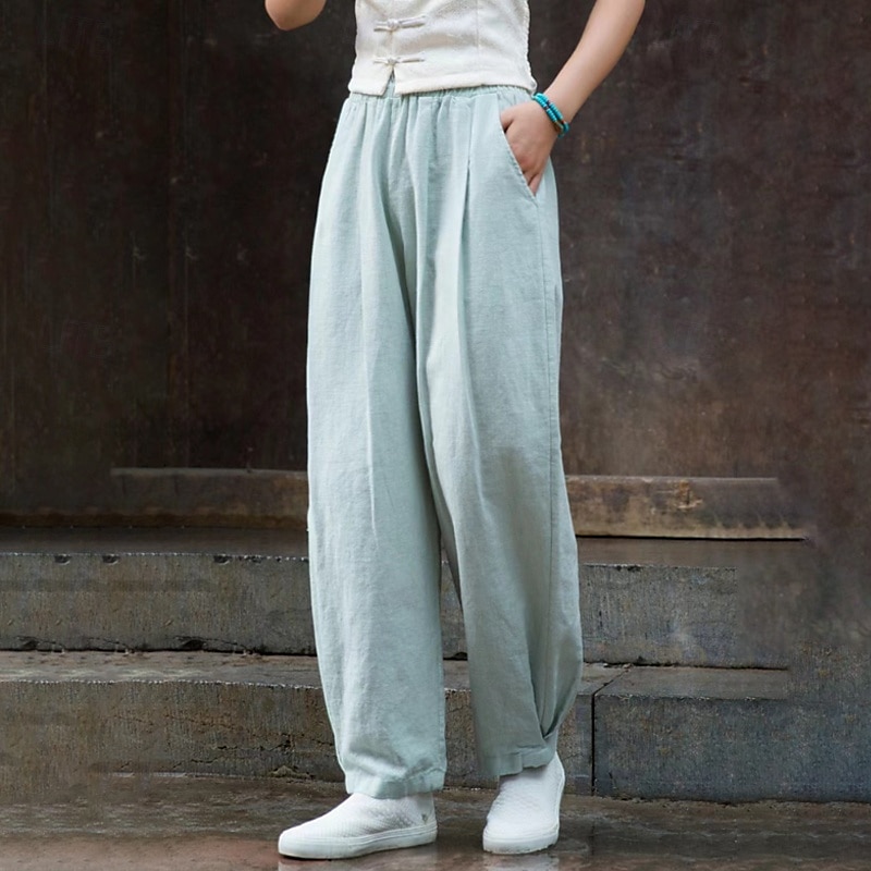 Mujer Pantalones de lino y algodón pantalones Ropa de calle Casual Longitud total Cintura Media Plano Bolsillo Cintura elástica Confortable Cómodo Diario Fin de semana Albaricoque Negro Azul Marino 2025 - $22.99 –P7