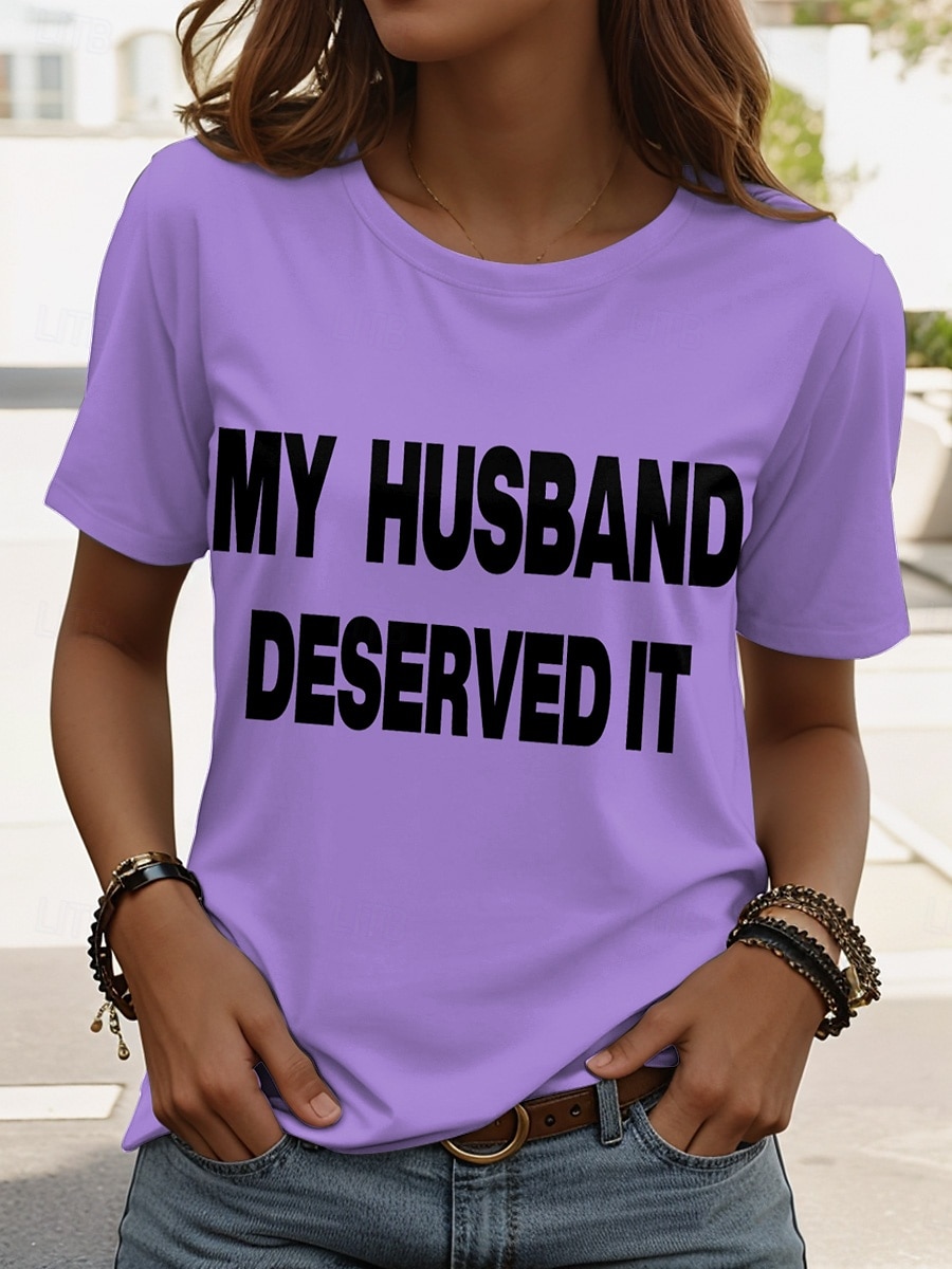 Women's T Shirt Graphic Letter Vintage Stylish Classic Short Sleeve Crew Neck Regular Tops Daily Weekend Print Black White Army Green Red Blue Summer Spring Ridicule Husband 2025 - $19.99 –P4