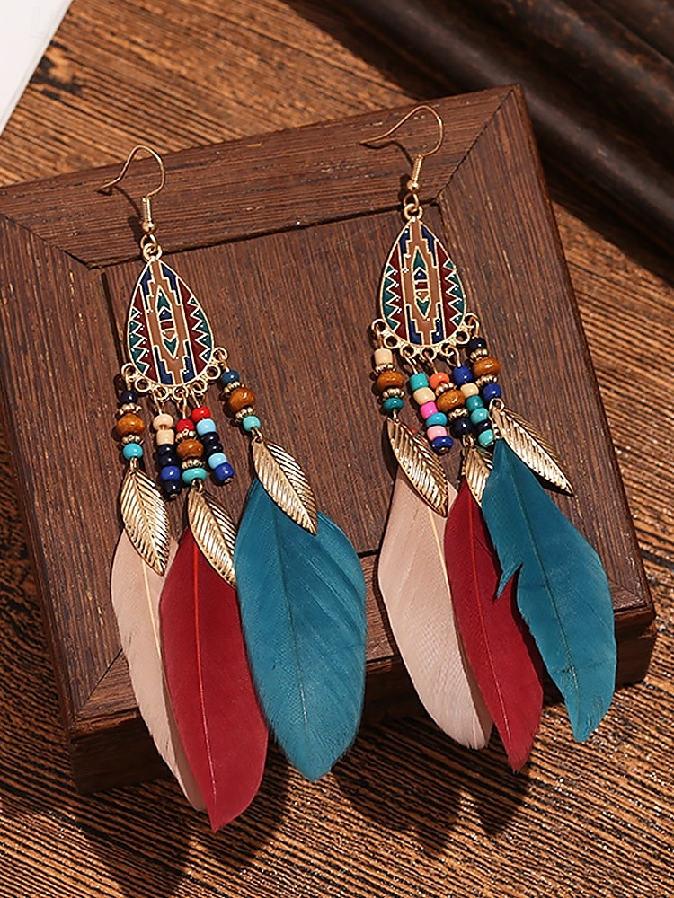 Bohemian Federohrringe mit bunten Perlen, Ethno-Stil für Frauen – perfekt für Sommerfeste, Freizeitausflüge und den Urlaub 2025 - $9.99 –P4