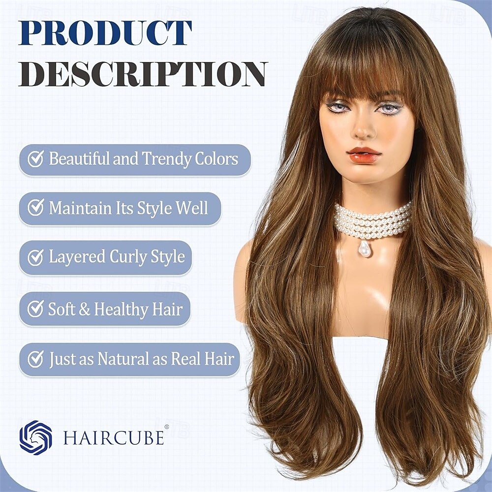 Long Ombre Brown with Highlight Wig with Bangs Layered Curly Wigs for Women Natural Synthetic Wigs for Daily Use 2025 - $27.99 –P2