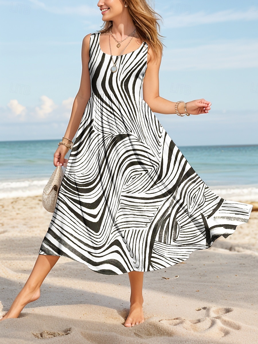 Women's Midi Dress Sundress A Line Dress Off The Shoulder Dress Vacation Casual Form Fit Graphic Geometric Abstract Sleeveless U Neck Scoop Neck Black And White Summer 2025 - $35.99 –P4