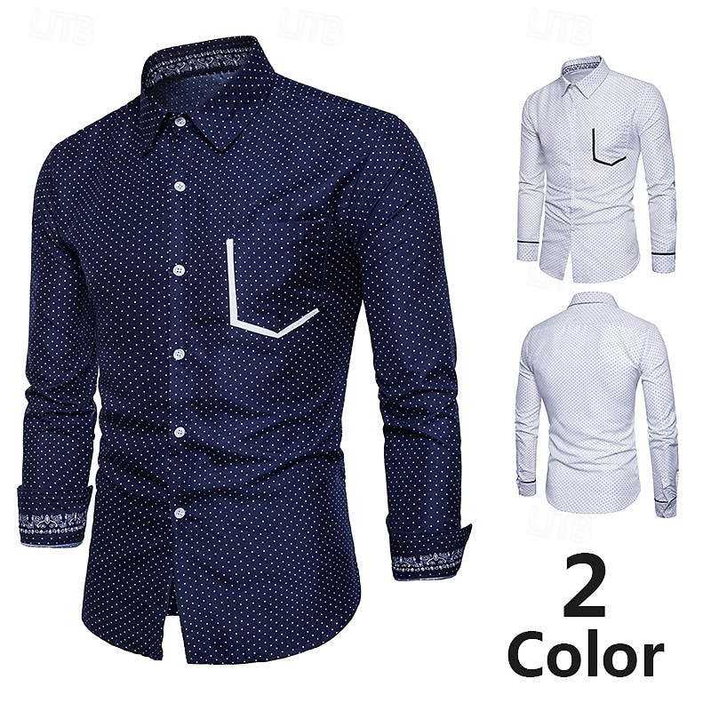 Herren Hemd Sommerhemd Freizeithemd Strandhemd Knopfhemd Weiß Marineblau Langarm Punkte Revers Urlaub Hawaiianisch Button-Down Bekleidung Polyester Mode Lässig Bequem 2025 - $32.99 –P1