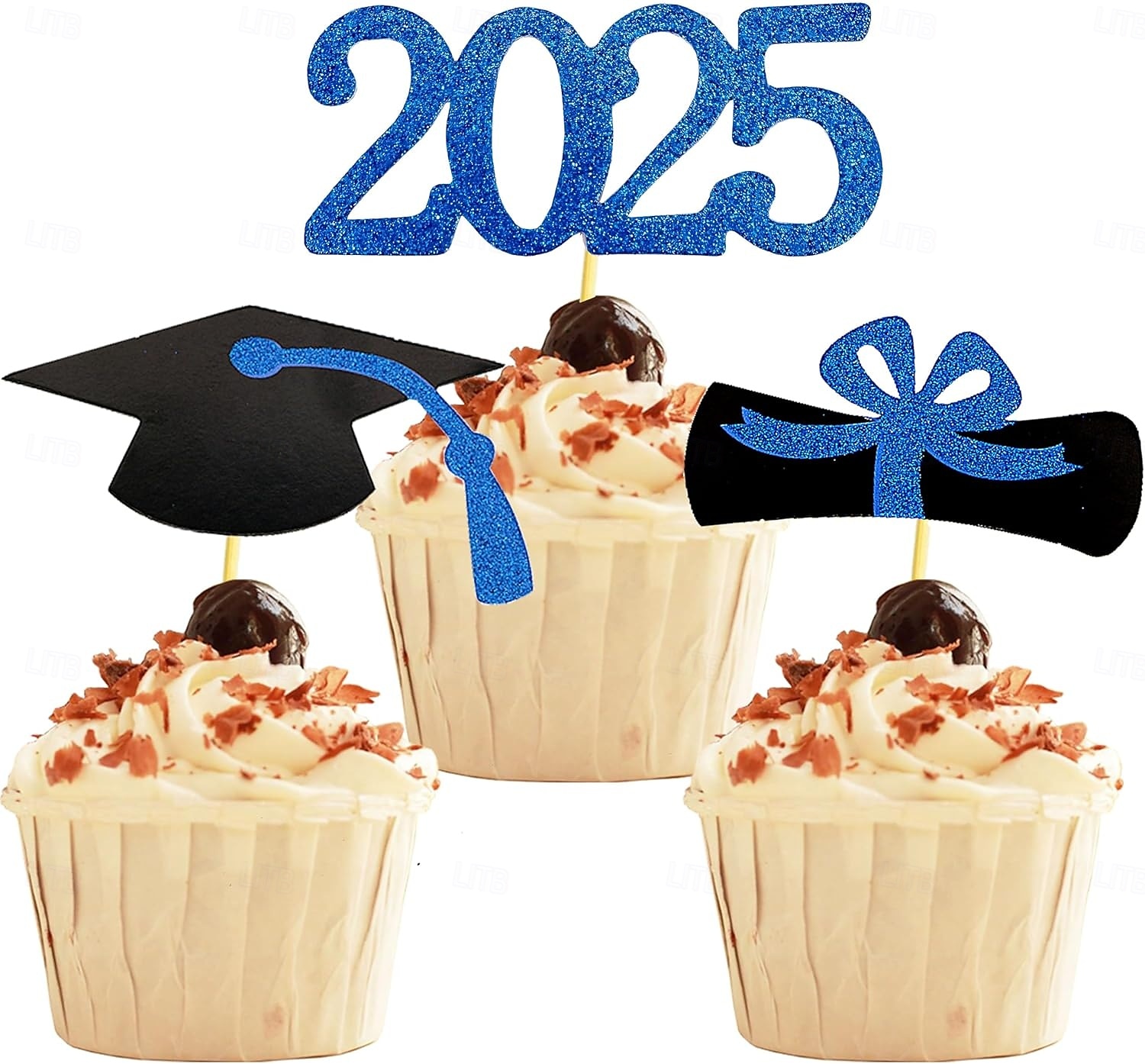 Buy Graduation Cupcake Toppers 2024 Gold With Blue Bows, Class Of 2024