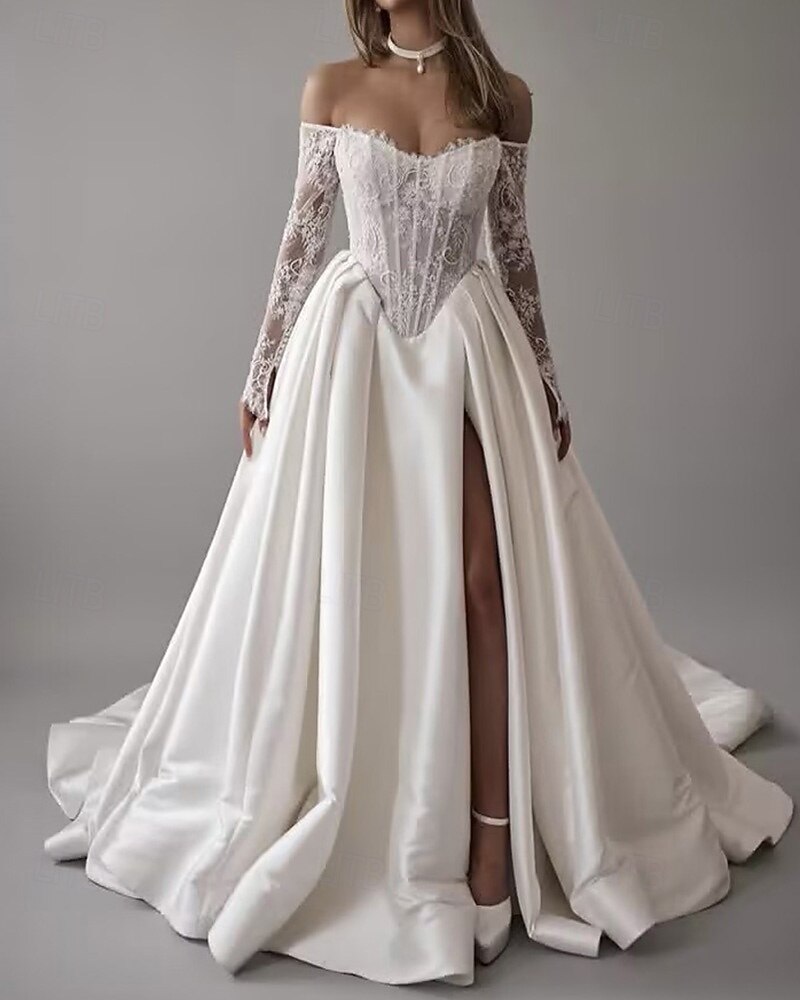 Vestidos de Boda Bustier Caída Vestido de Gala Sin Mangas Con Mangas Desmontables Falda Capilla Satinado Novias Con Aplicación de Encaje Floral 2026 - $218.49 –P1