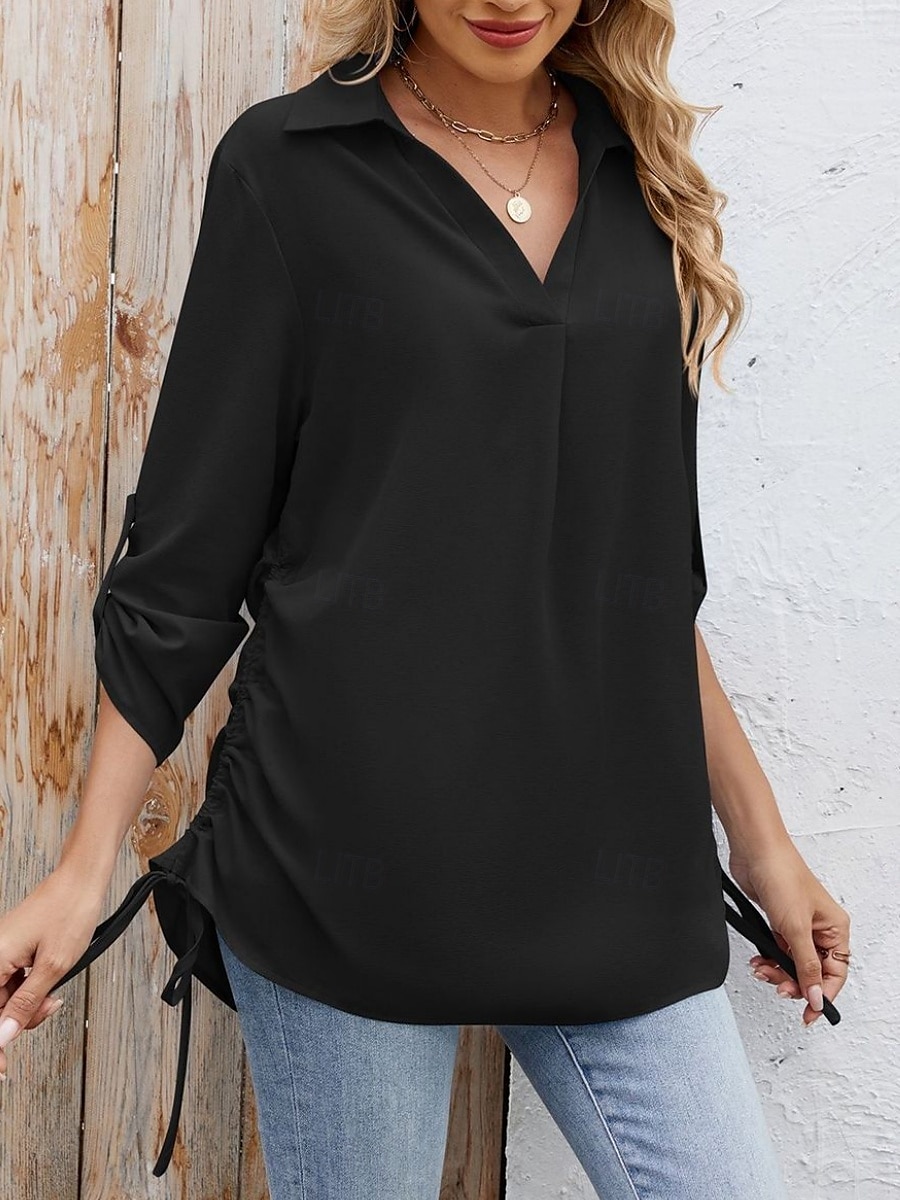 Dames Overhemd Blouse Effen Kleur Stijlvol Casual Lange mouw Overhemdkraag Normale tops Dagelijks Knop Zwart Wit Hemelsblauw Fuchsia Zomer Lente 2025 - $22.99 –P4